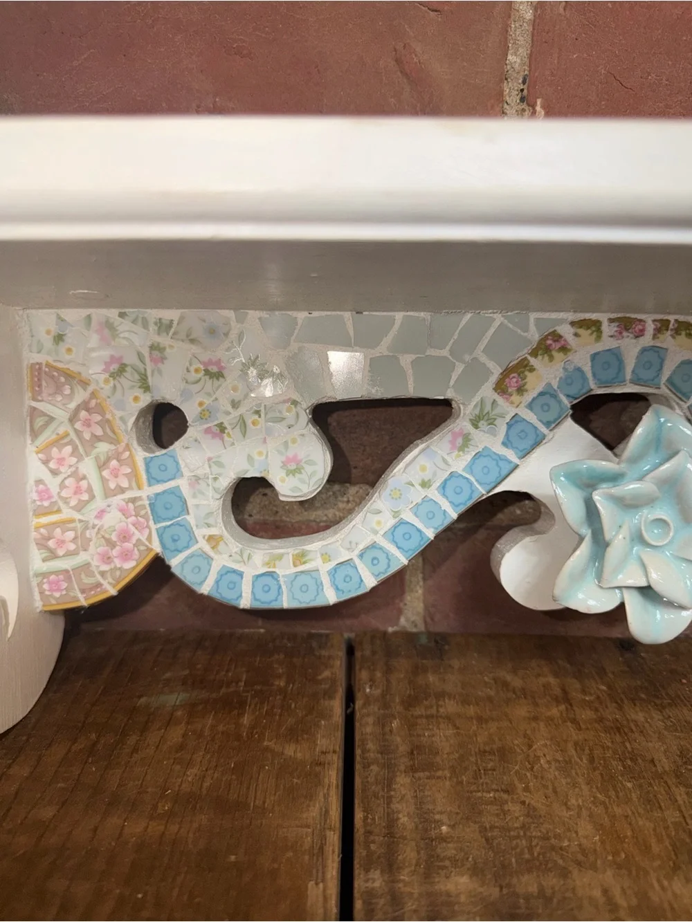 White Decorative Wall Shelf with Pastel Mosaic Accent Beach Coral Floral